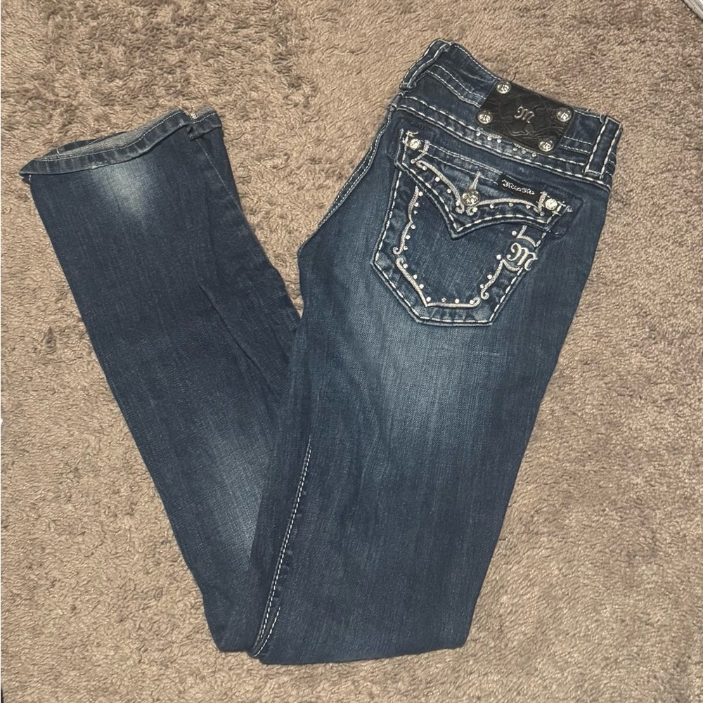 Miss Me Dark Blue Boot Cut Jeans with Embellished Pockets
